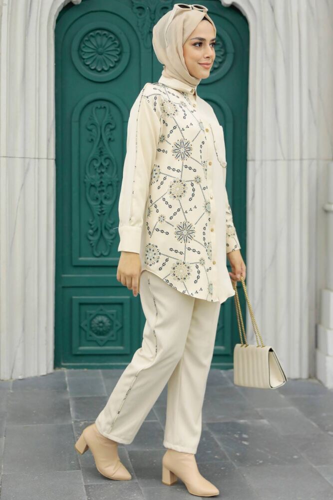Neva Style - Blok Desenli Siyah Tesettür İkili Takım 9032S - 2