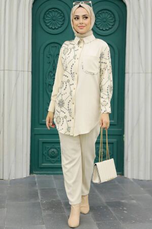 Neva Style - Blok Desenli Siyah Tesettür İkili Takım 9032S - 1
