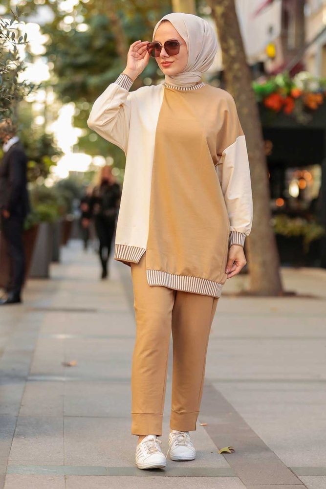 Neva Style - Blok Renkli Bisküvi Tesettür İkili Takım 579BS - 2
