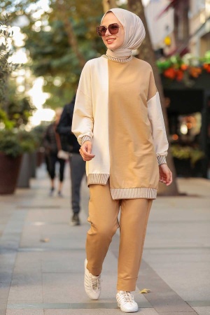 Neva Style - Blok Renkli Bisküvi Tesettür İkili Takım 579BS - 1