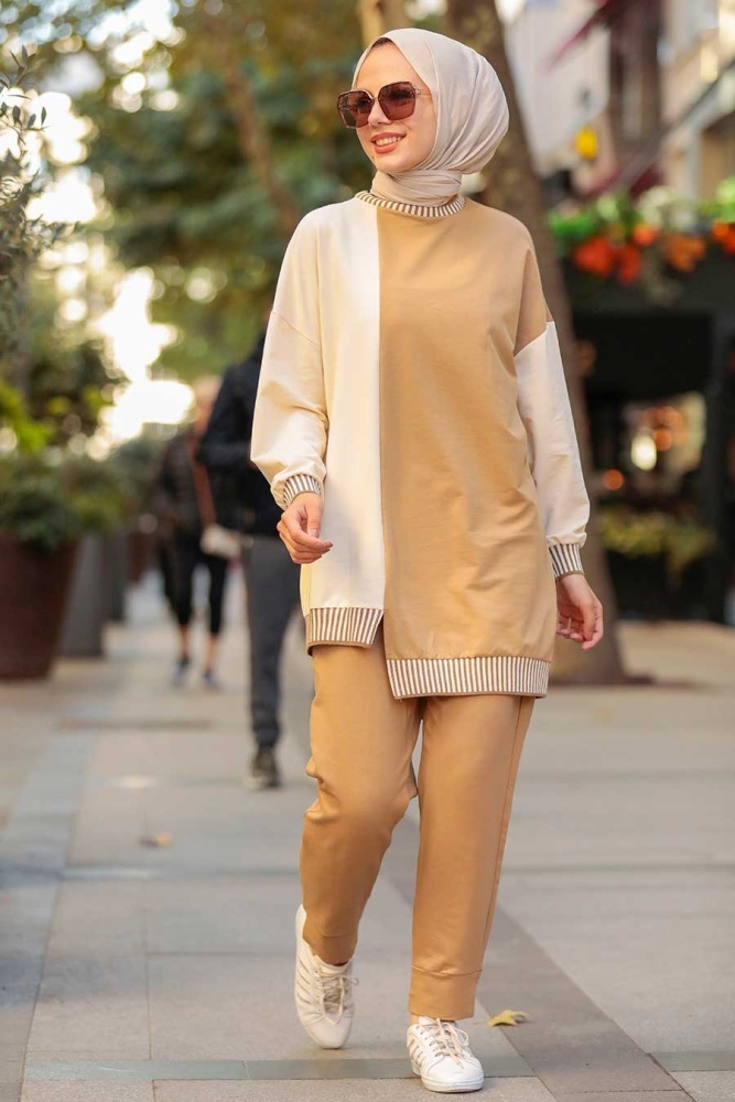Neva Style - Blok Renkli Bisküvi Tesettür İkili Takım 579BS - 1