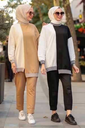 Neva Style - Blok Renkli Bisküvi Tesettür İkili Takım 579BS - 5