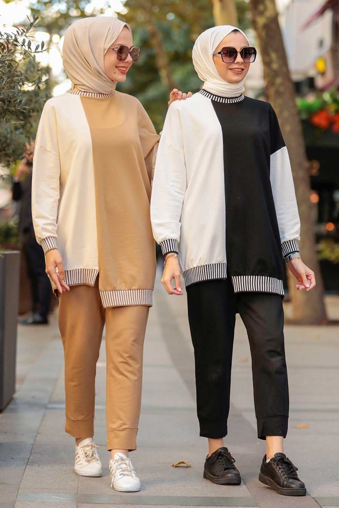 Neva Style - Blok Renkli Bisküvi Tesettür İkili Takım 579BS - 5