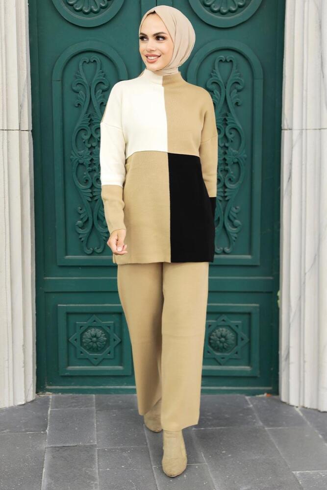 Neva Style - Blok Renkli Bisküvi Tesettür Triko İkili Takım 23410BS - 2