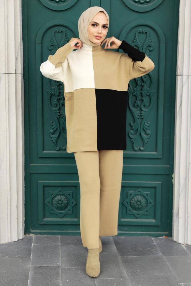 Neva Style - Blok Renkli Bisküvi Tesettür Triko İkili Takım 23410BS - 1