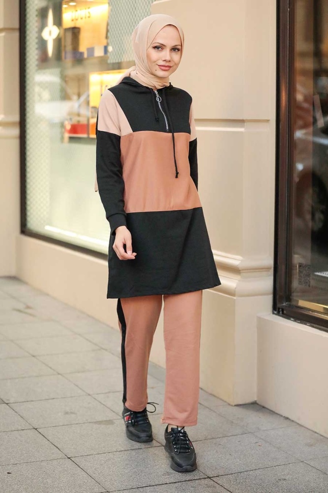Neva Style - Blok Renkli Camel Tesettür İkili Takım 1359C - 1
