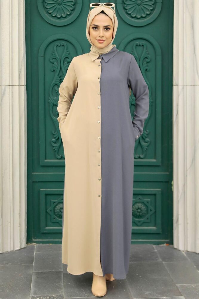 Neva Style - Blok Renkli Füme Tesettür Elbise 3437FU - 2