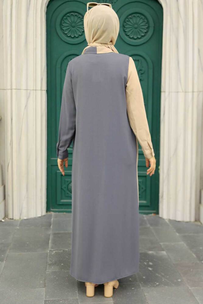 Neva Style - Blok Renkli Füme Tesettür Elbise 3437FU - 3