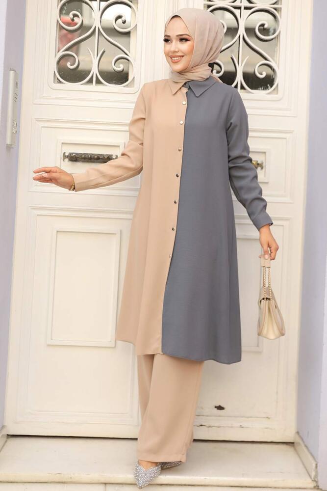 Neva Style - Blok Renkli Füme Tesettür İkili Takım 52331FU - 2