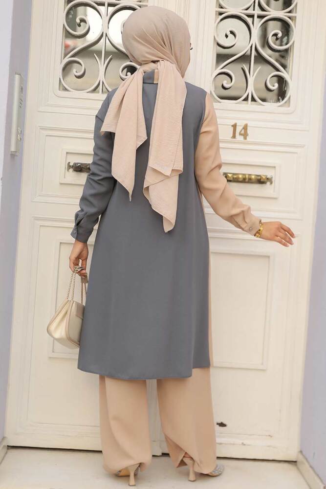 Neva Style - Blok Renkli Füme Tesettür İkili Takım 52331FU - 3