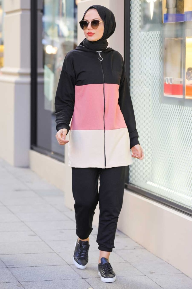 Neva Style - Blok Renkli Gül Kurusu Tesettür İkili Takım 68710GK - 1