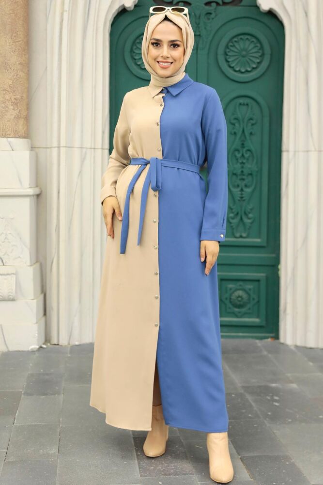 Neva Style - Blok Renkli İndigo Mavisi Tesettür Elbise 3437IM - 2