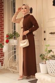 Neva Style - Blok Renkli Kahverengi Tesettür Elbise 3437KH - Thumbnail