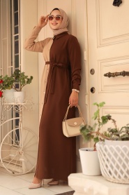 Neva Style - Blok Renkli Kahverengi Tesettür Elbise 3437KH - Thumbnail
