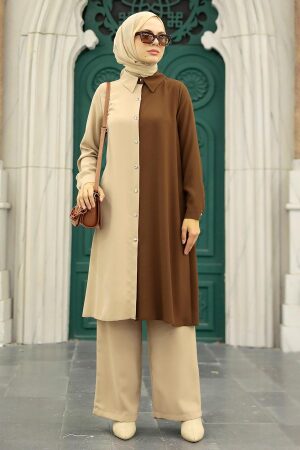Neva Style - Blok Renkli Kahverengi Tesettür İkili Takım 52331KH - 2