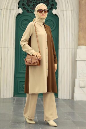 Neva Style - Blok Renkli Kahverengi Tesettür İkili Takım 52331KH - 1