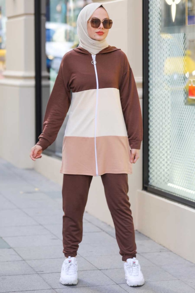 Neva Style - Blok Renkli Kahverengi Tesettür İkili Takım 68710KH - 1