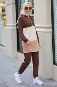 Neva Style - Blok Renkli Kahverengi Tesettür İkili Takım 68710KH - Thumbnail