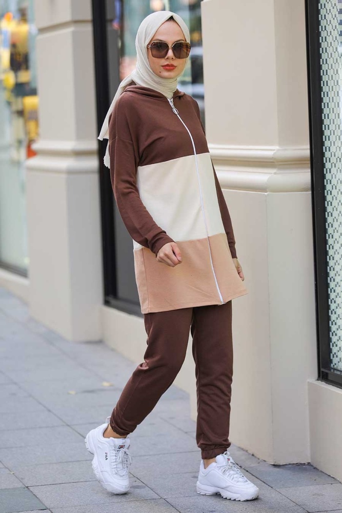 Neva Style - Blok Renkli Kahverengi Tesettür İkili Takım 68710KH - 2