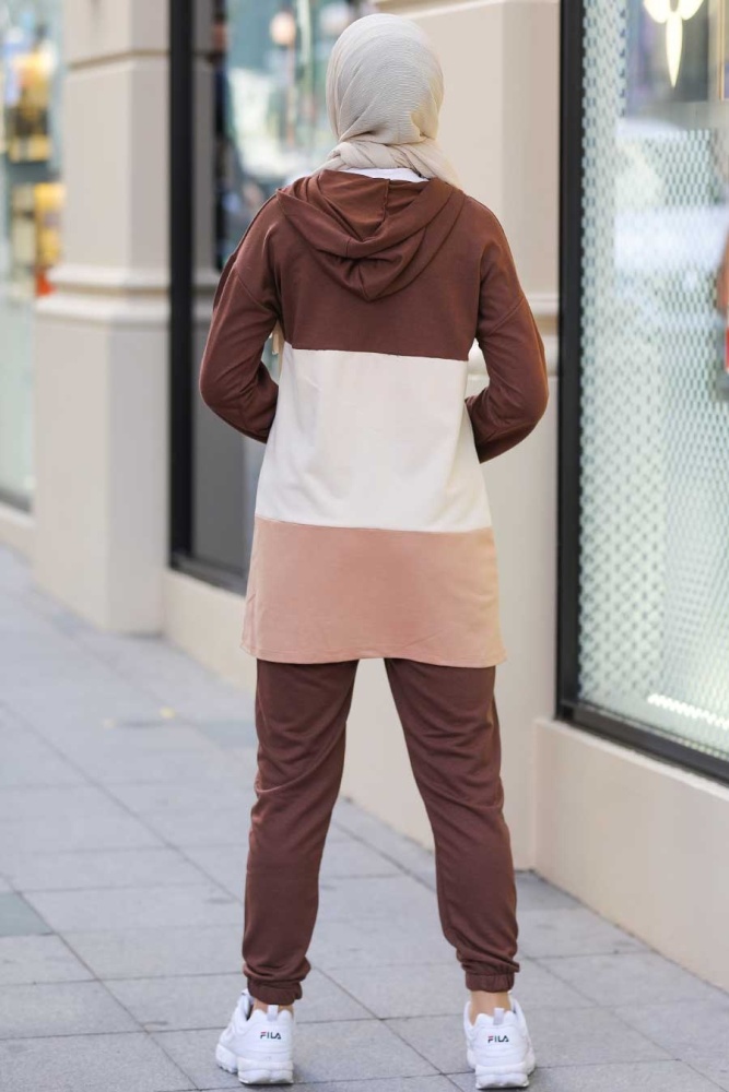 Neva Style - Blok Renkli Kahverengi Tesettür İkili Takım 68710KH - 3