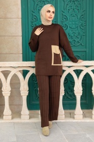 Neva Style - Blok Renkli Kahverengi Tesettür Triko İkili Takım 25020KH - Thumbnail