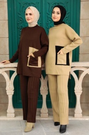 Neva Style - Blok Renkli Kahverengi Tesettür Triko İkili Takım 25020KH - Thumbnail