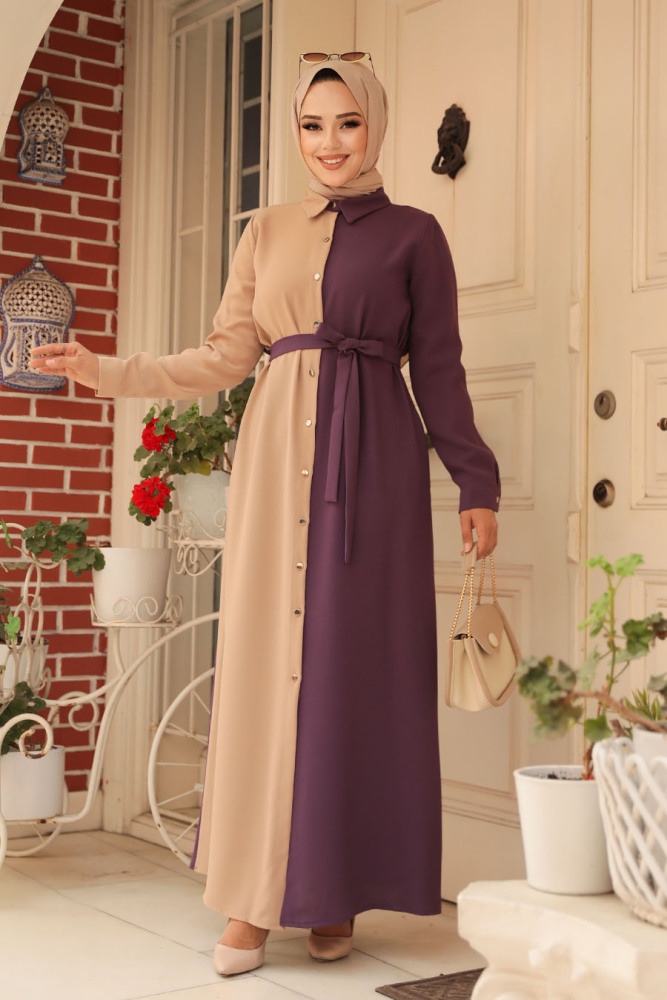Neva Style - Blok Renkli Koyu Lila Tesettür Elbise 3437KLILA - 1