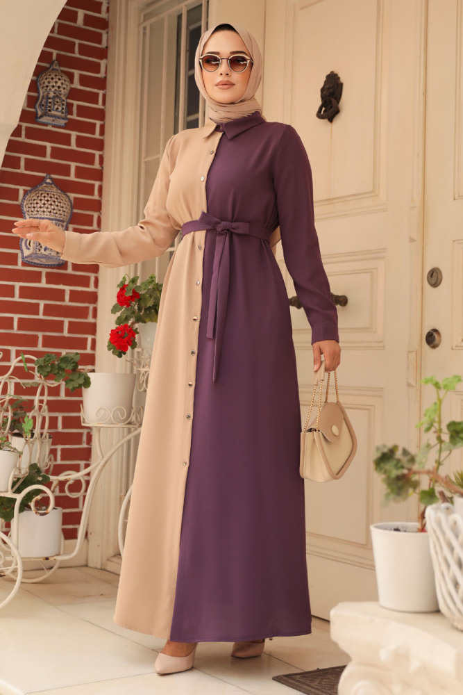 Neva Style - Blok Renkli Koyu Lila Tesettür Elbise 3437KLILA - 2