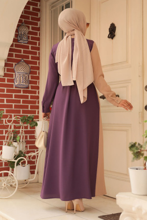 Neva Style - Blok Renkli Koyu Lila Tesettür Elbise 3437KLILA - 3