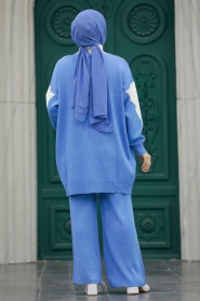 Neva Style - Blok Renkli Mavi Tesettür Triko İkili Takım 3433M - Thumbnail