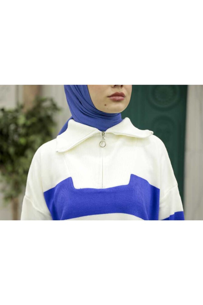  Blok Renkli Sax Mavisi Tesettür Triko Tunik 26961SX - 2