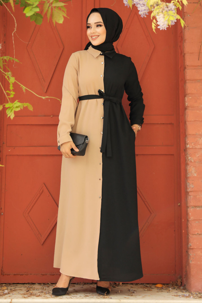 Neva Style - Blok Renkli Siyah Tesettür Elbise 3437S - 1
