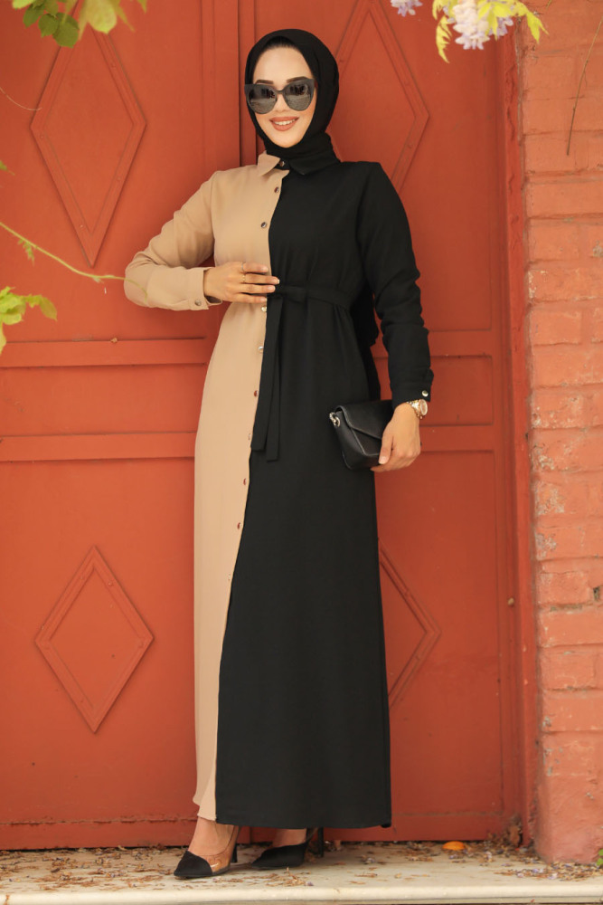 Neva Style - Blok Renkli Siyah Tesettür Elbise 3437S - 2