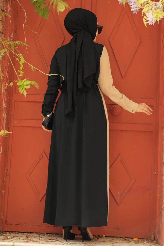 Neva Style - Blok Renkli Siyah Tesettür Elbise 3437S - 3
