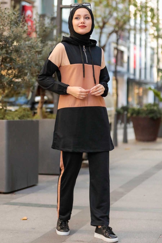 Neva Style - Blok Renkli Siyah Tesettür İkili Takım 1359S - 2