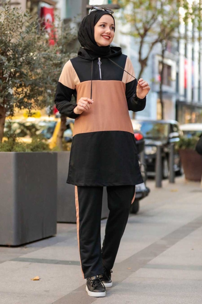 Neva Style - Blok Renkli Siyah Tesettür İkili Takım 1359S - 1
