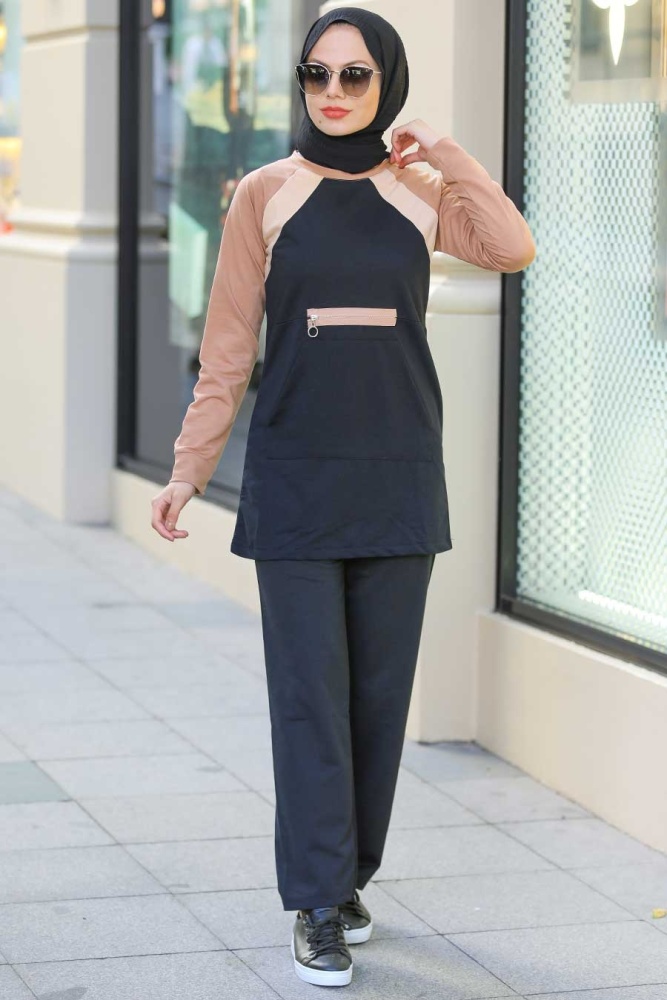  Blok Renkli Siyah Tesettür İkili Takım 1543S - 1