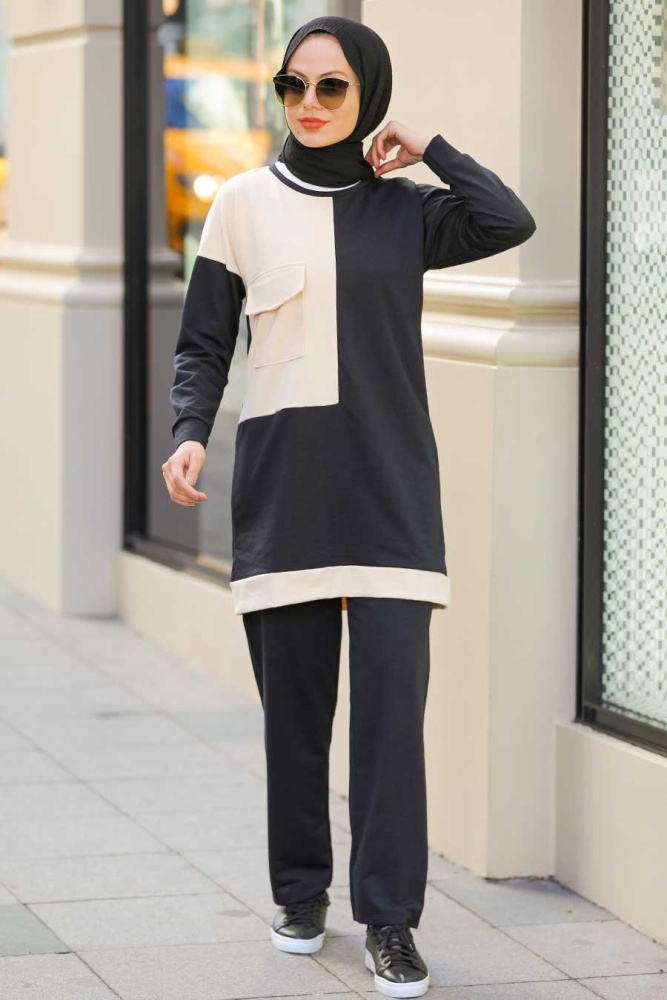 Neva Style - Blok Renkli Siyah Tesettür İkili Takım 5587S - 1