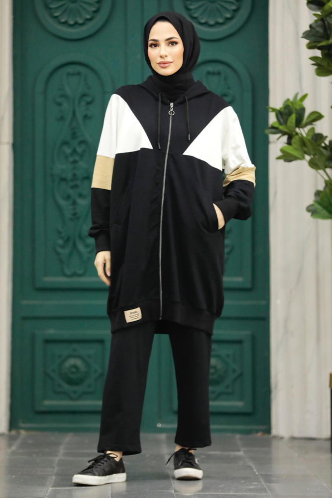 Neva Style - Blok Renkli Siyah Tesettür İkili Takım 60011S - 1