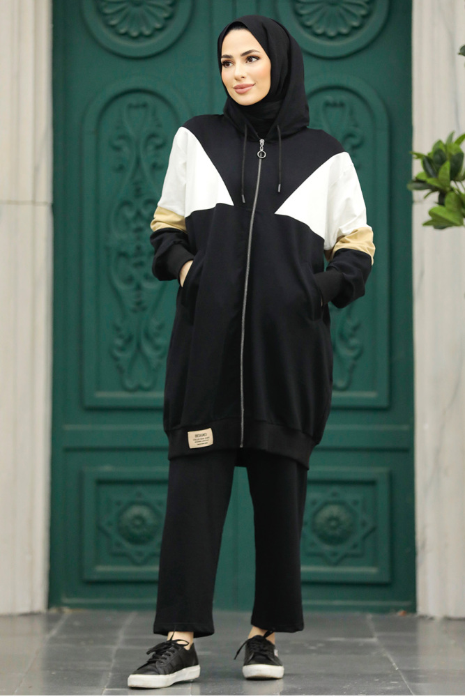 Neva Style - Blok Renkli Siyah Tesettür İkili Takım 60011S - 2