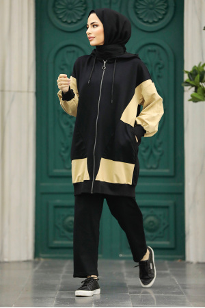 Neva Style - Blok Renkli Siyah Tesettür İkili Takım 60021S - 2