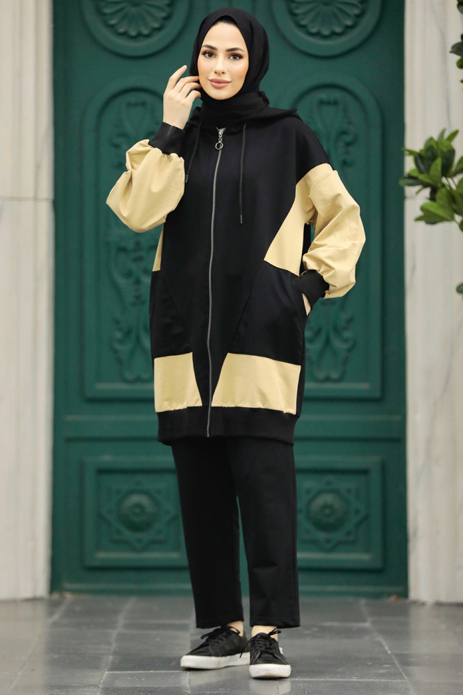 Neva Style - Blok Renkli Siyah Tesettür İkili Takım 60021S - 1