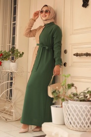 Neva Style - Blok Renkli Yeşil Tesettür Elbise 3437Y - Thumbnail