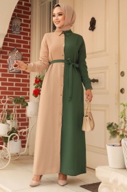 Neva Style - Blok Renkli Yeşil Tesettür Elbise 3437Y - Thumbnail