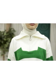 Neva Style - Blok Renkli Yeşil Tesettür Triko Tunik 26961Y - Thumbnail