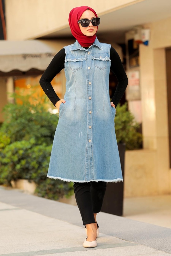 Neva Style - Blue Hijab Denim Vest 405M - 1