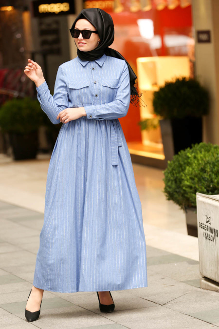 Yakası Düğmeli Mavi Tesettür Elbise 19084M