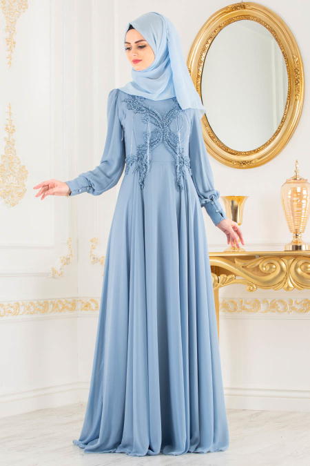 Boncuk Detaylı Mavi Tesettür Abiye Elbise 36901M