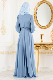 Boncuk Detaylı Mavi Tesettür Abiye Elbise 36901M - Thumbnail