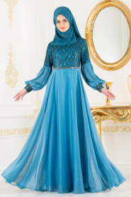 Dantel Detaylı Mavi Tesettür Abiye Elbise 8241M - Thumbnail